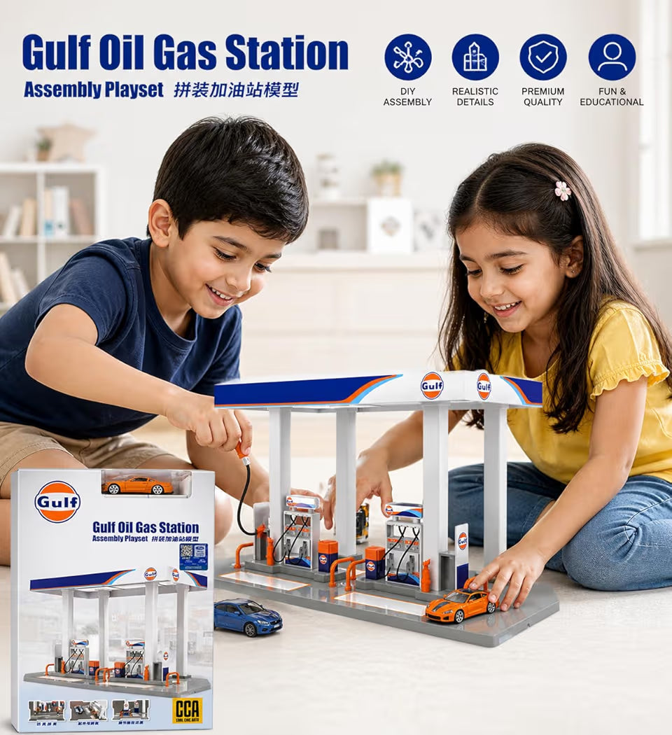 Gulf Oil Gas Station Toy Playset for Kids with Die Cast Car, DIY Assembly Petrol Pump