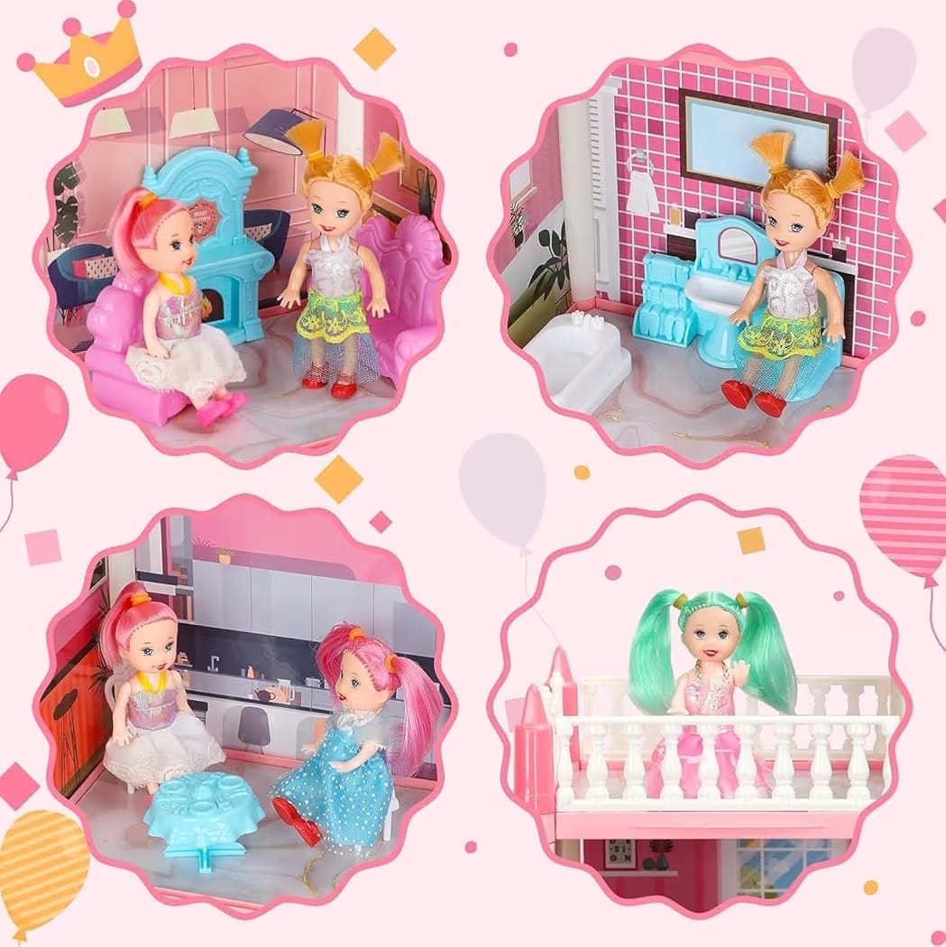 Doll House for Girls 4 Rooms Playhouse with 2 Dolls Toy Figures