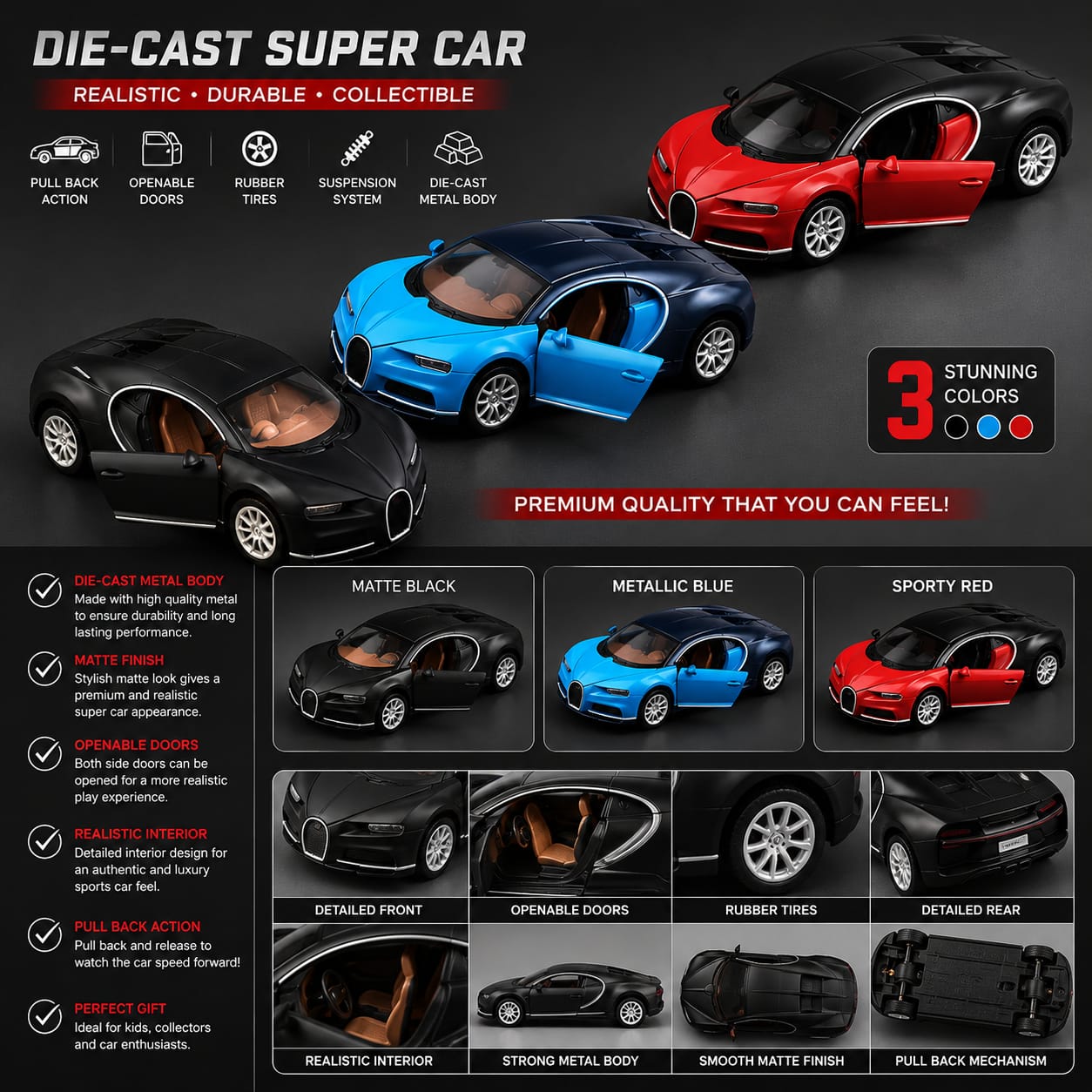 Diecast modern Car 1:36 Scale Open Door Model Black