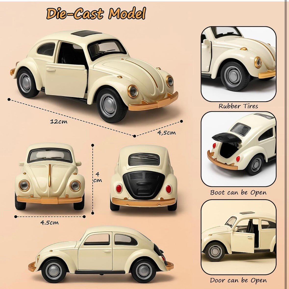 Classic Vintage Beetle-Style Die-Cast Car