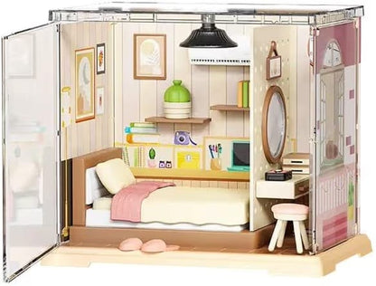 DIY Miniature Bedroom Model Kit (55 Pieces) Mini Dollhouse with Warm LED Light