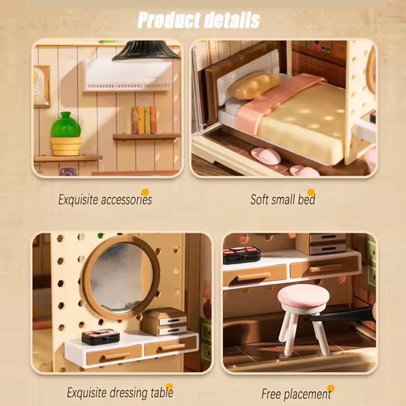 DIY Miniature Bedroom Model Kit (55 Pieces) Mini Dollhouse with Warm LED Light