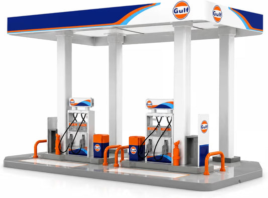Gulf Oil Gas Station Toy Playset for Kids with Die Cast Car, DIY Assembly Petrol Pump