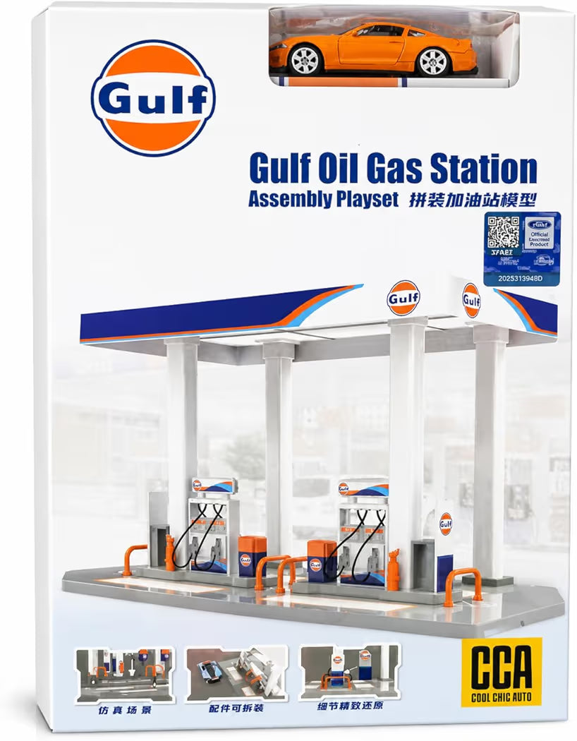 Gulf Oil Gas Station Toy Playset for Kids with Die Cast Car, DIY Assembly Petrol Pump