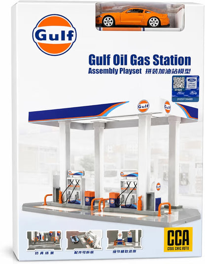 Gulf Oil Gas Station Toy Playset for Kids with Die Cast Car, DIY Assembly Petrol Pump