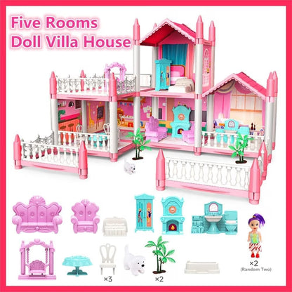 Doll House for Girls  4 Rooms Playhouse with 2 Dolls Toy Figures