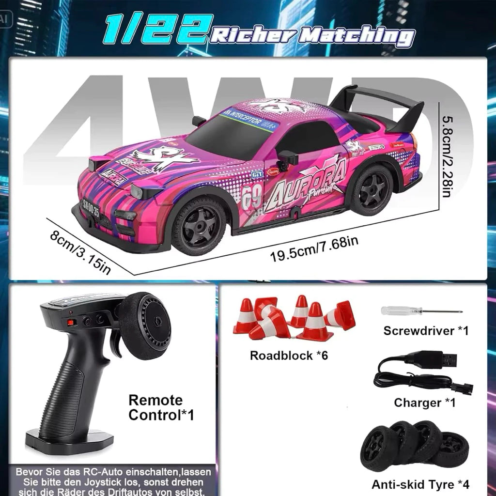 The DRIFT X is a 4WD R/C remote control car
with a 2.4GHz band, 1:22 scale,