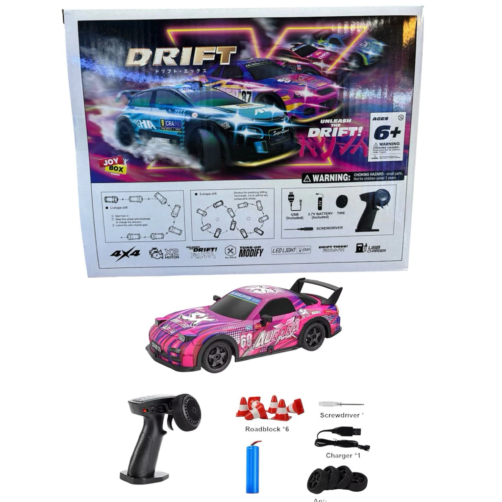 The DRIFT X is a 4WD R/C remote control car
with a 2.4GHz band, 1:22 scale,