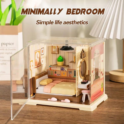 DIY Miniature Bedroom Model Kit (55 Pieces) Mini Dollhouse with Warm LED Light