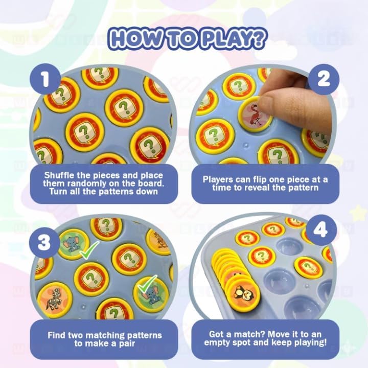 Memory Flip & Match Game Board 4-Player for Kids, Educational Animal & Fruit Tokens Game Stimulates Brain Improves Memory