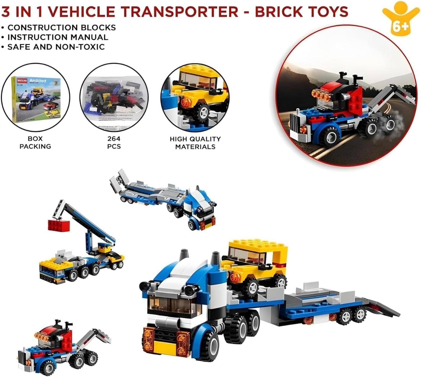 Sky Tech® Architect 3 in 1 Jeep, Car & Truck Vehicle Toys | Transporter Building Brick Block for Kids