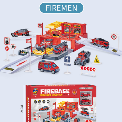 Fire Station Garage Playset – Real Scene Simulation with Alloy Fire Trucks