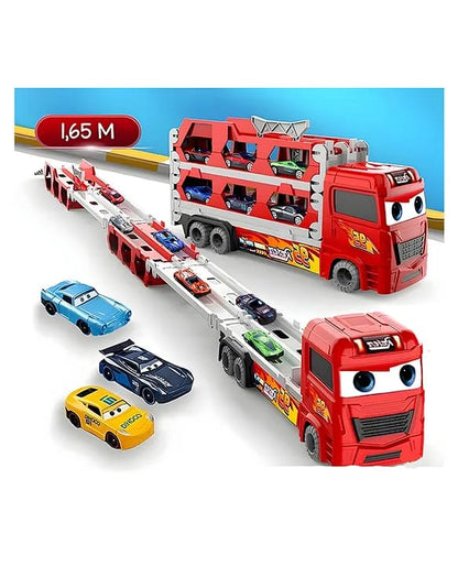 Big Hauler Storage Transport Truck Toy Lightning McQ with 2-in-1 Foldable Ejection Race Track & 2 Die-Cast Cars