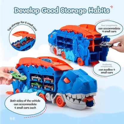 Dinosaur Track Toy with 2 Die-cast Cars, Push & Go Car Carrier Transporter Tracks