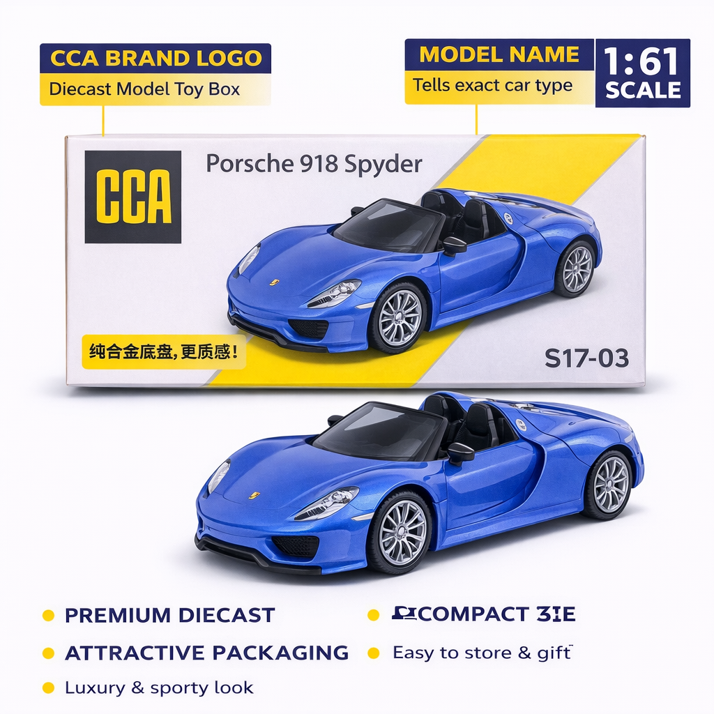 CCA Porsche 918 Spyder Diecast Metal S17-01 Model 1:61 Scale Car Blue