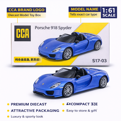 CCA Porsche 918 Spyder Diecast Metal S17-01 Model 1:61 Scale Car Blue