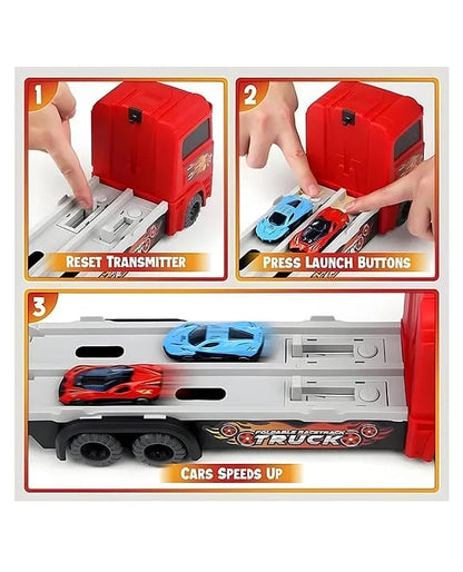 Big Hauler Storage Transport Truck Toy Lightning McQ with 2-in-1 Foldable Ejection Race Track & 2 Die-Cast Cars