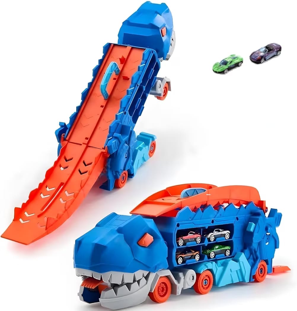 Dinosaur Track Toy with 2 Die-cast Cars, Push & Go Car Carrier Transporter Tracks