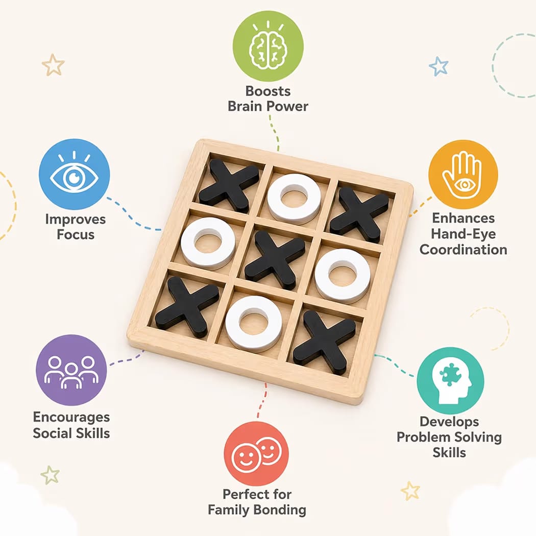 Wudly Wooden Tic Tac Toe Game for Kids & Adults