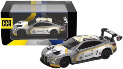 M4 GT3 Die-Cast Model Car, 1:64 Scale, Silver and Yellow Racing Livery, with Acrylic Box