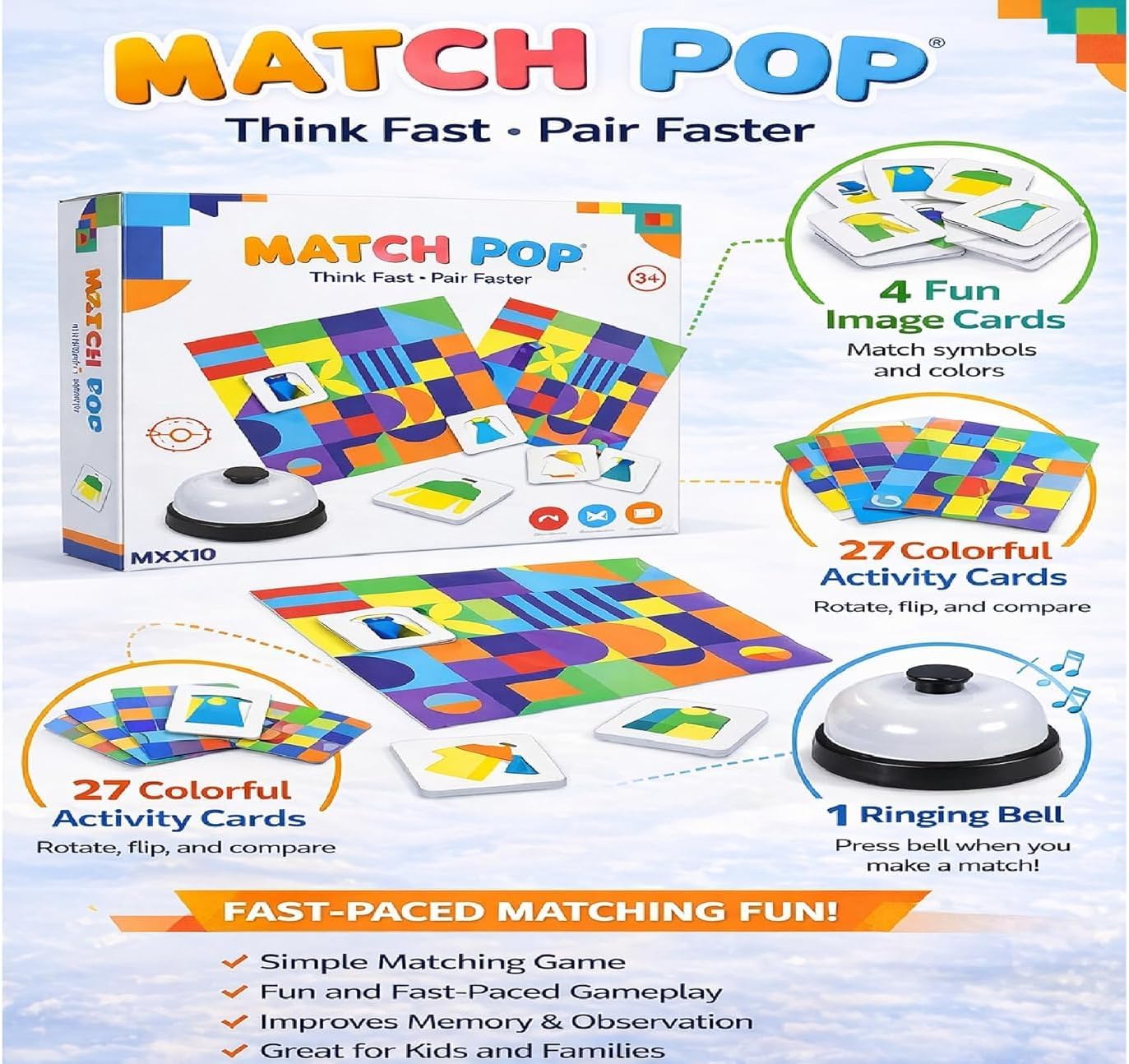 Match Pop Fast Matching Game for Kids 3+ Years, Memory & Reaction Board Game with Bell,