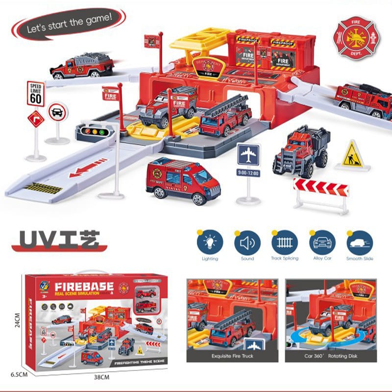 Fire Station Garage Playset – Real Scene Simulation with Alloy Fire Trucks