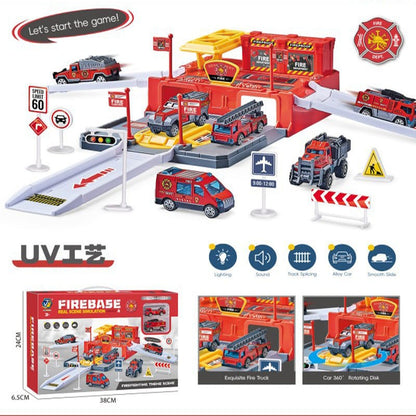 Fire Station Garage Playset – Real Scene Simulation with Alloy Fire Trucks