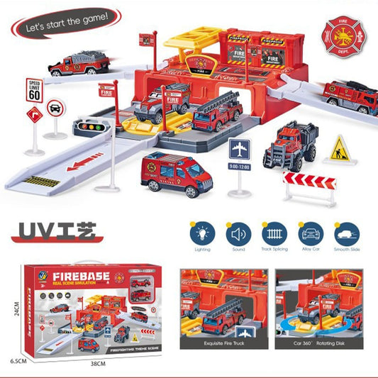 Fire Station Garage Playset – Real Scene Simulation with Alloy Fire Trucks
