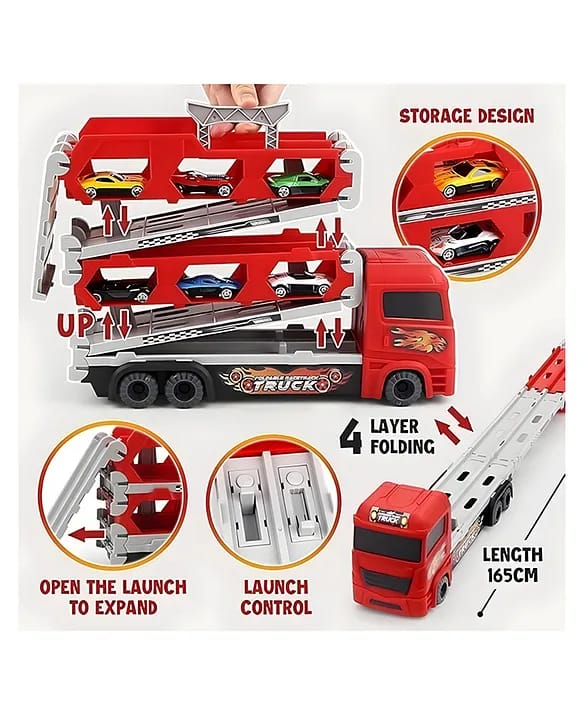 Big Hauler Storage Transport Truck Toy Lightning McQ with 2-in-1 Foldable Ejection Race Track & 2 Die-Cast Cars
