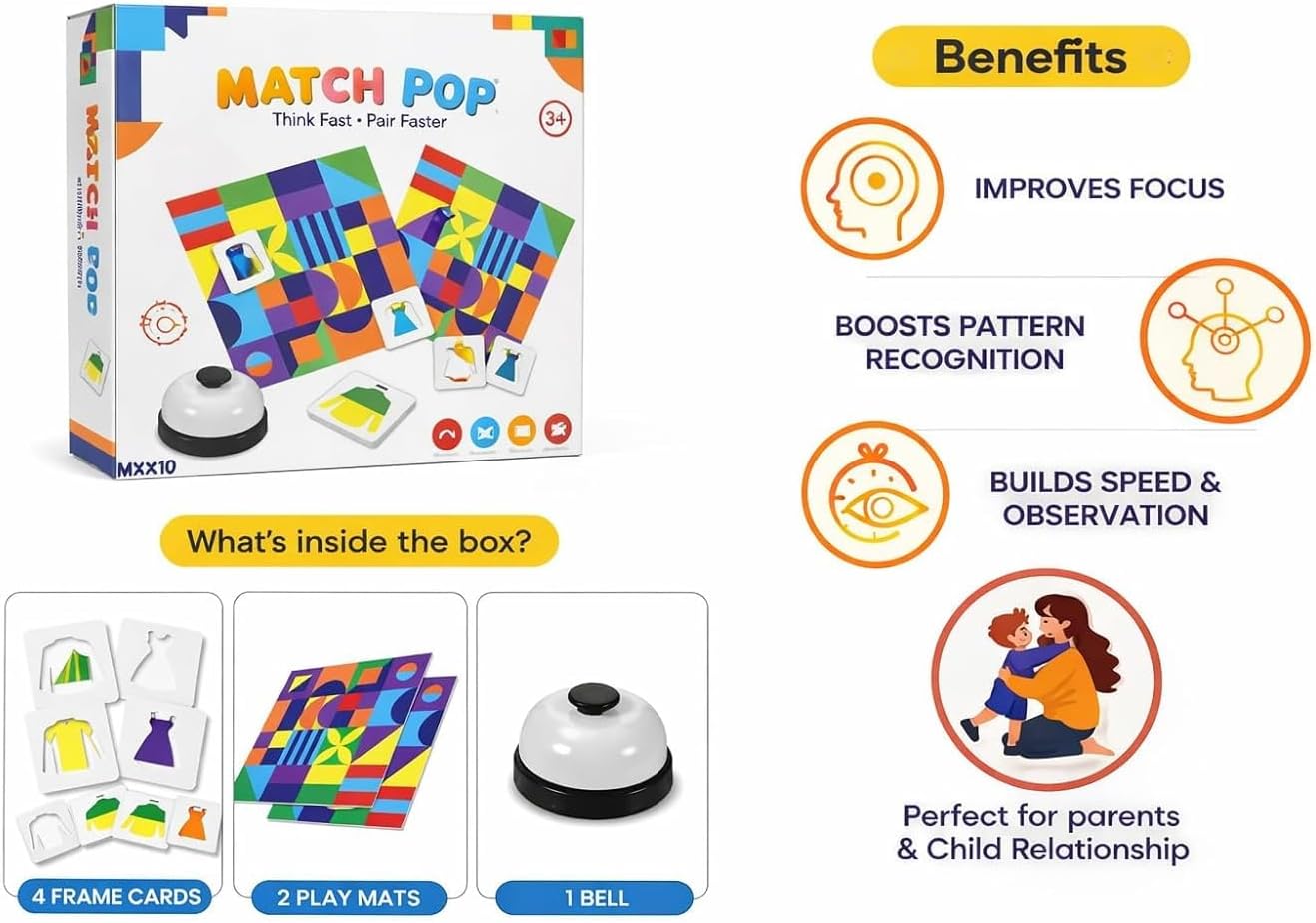 Match Pop Fast Matching Game for Kids 3+ Years, Memory & Reaction Board Game with Bell,