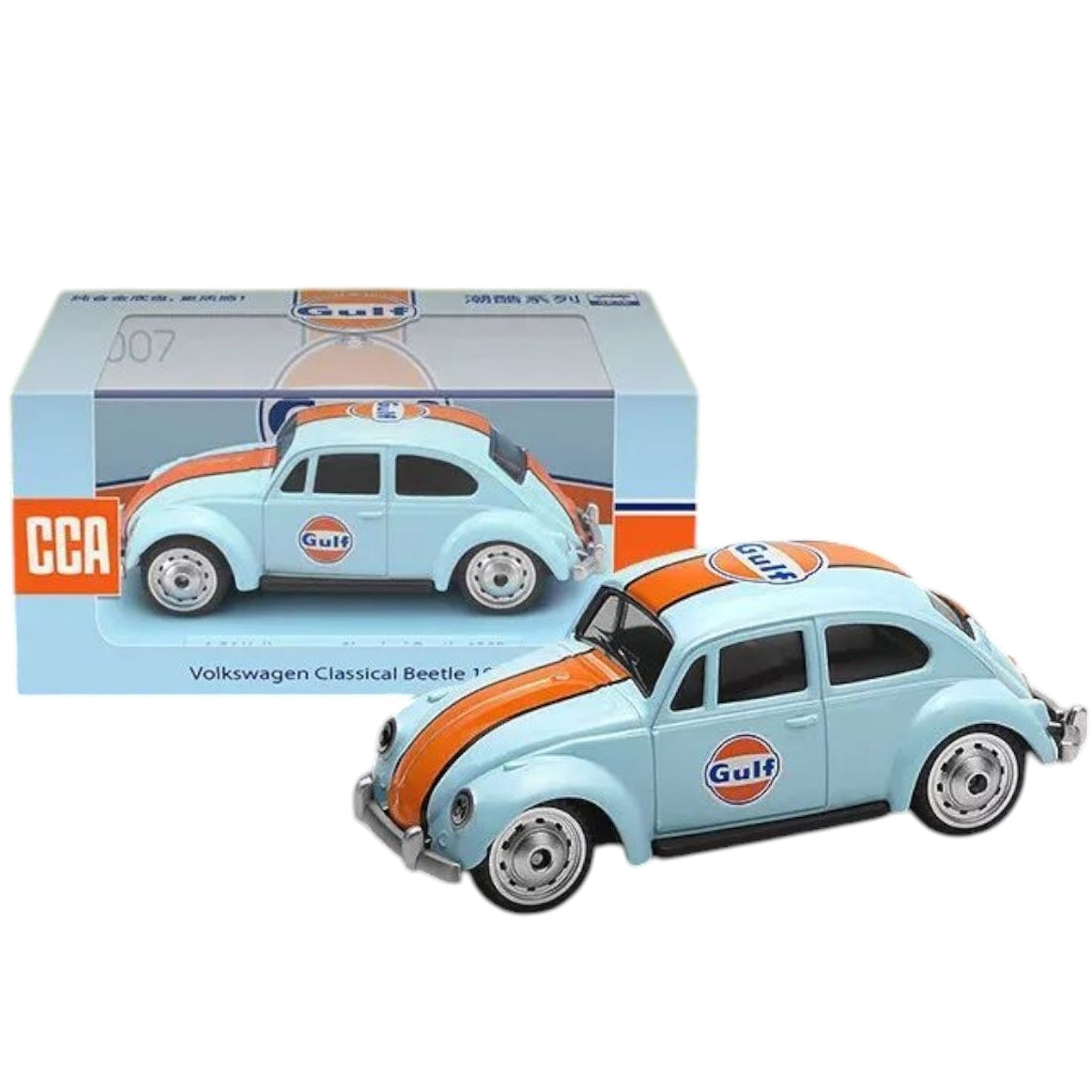 CCA Volkswagen Classical Beetle Gulf theme 1:56 scale with acrylic case