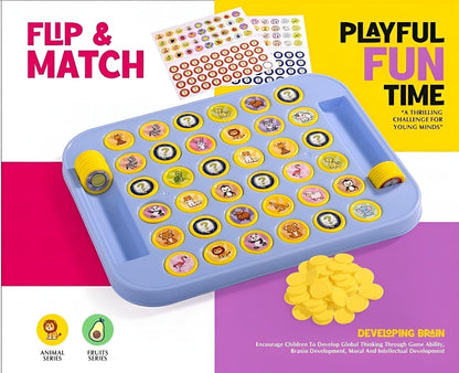 Memory Flip & Match Game Board 4-Player for Kids, Educational Animal & Fruit Tokens Game Stimulates Brain Improves Memory