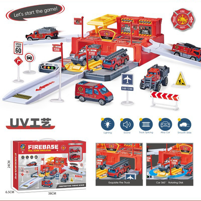 Fire Station Garage Playset – Real Scene Simulation with Alloy Fire Trucks