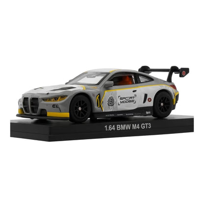 M4 GT3 Die-Cast Model Car, 1:64 Scale, Silver and Yellow Racing Livery, with Acrylic Box