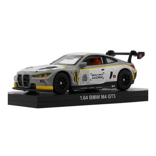 M4 GT3 Die-Cast Model Car, 1:64 Scale, Silver and Yellow Racing Livery, with Acrylic Box